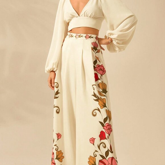 Elegant Women's Boho Tropical Floral Print Vacation Palazzo Wide Legged pants - Picture 6 of 7